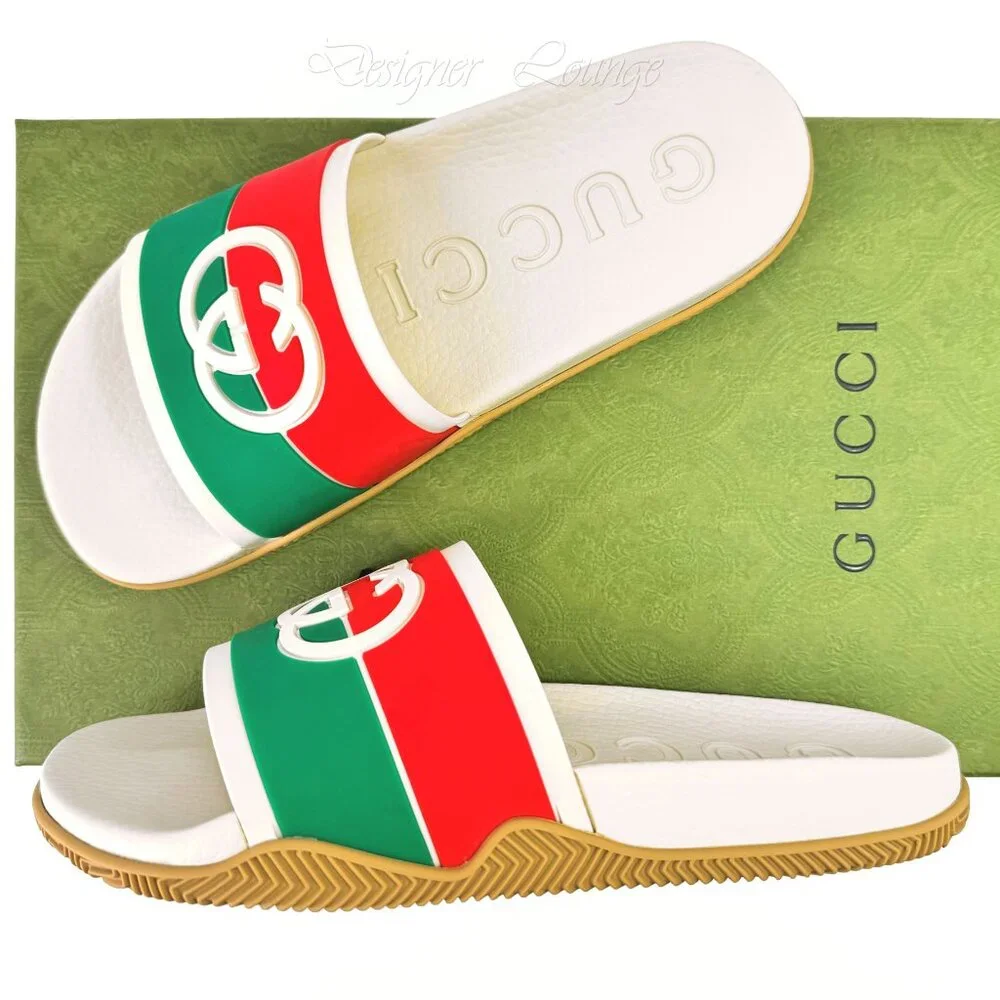 NEW GUCCI Women's Agrado Interlocking G Logo Cream Rubber Slides EU 38 US 8